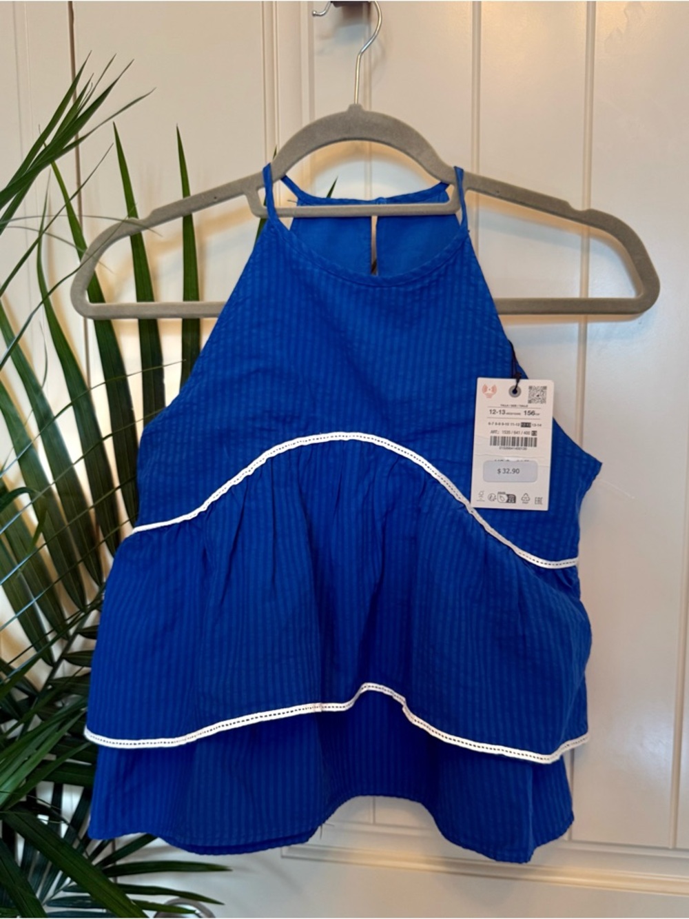 NWT Zara Girls 12-13y sleeveless Flowy Ruffle Seersucker Blue